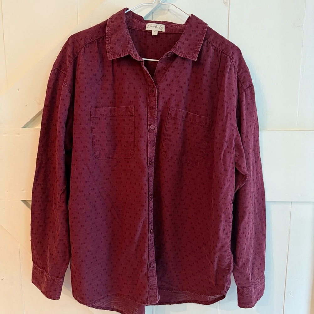 Wonderly Women’s Burgundy Casual Button-Down Textured Shirt Medium